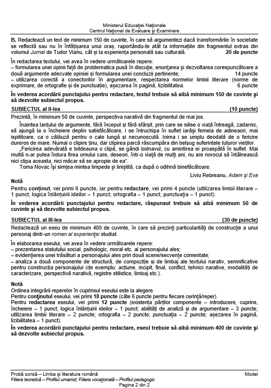 BAC limba rom&acirc;nă sesiunea toamnă 2020. Modele de subiecte la limba rom&acirc;nă
