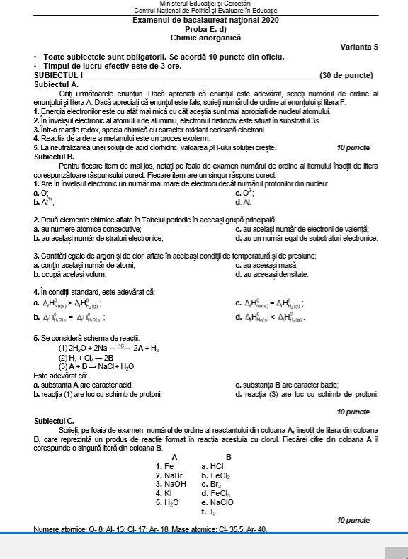 Subiecte BAC Chimie anorganica
