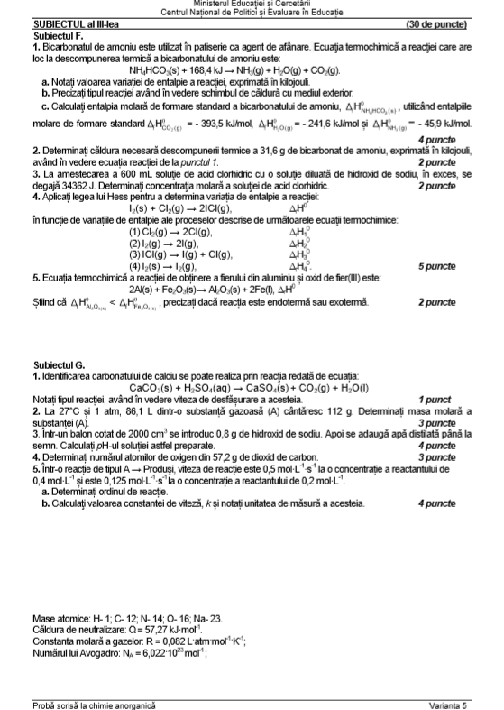 Subiecte BAC Chimie anorganica