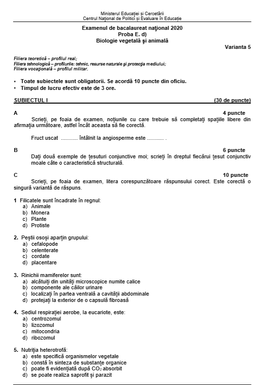 Subiecte BAC la Biologie