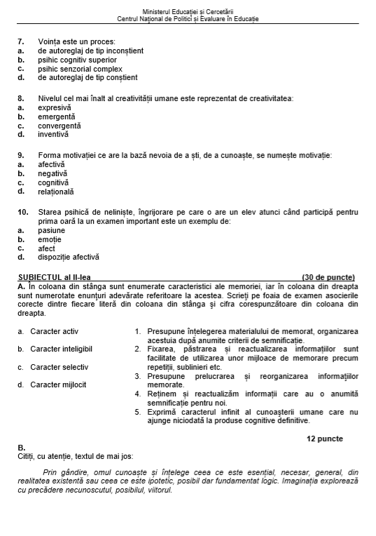 Subiecte BAC Psihologie