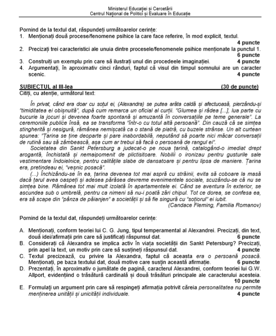 Subiecte BAC Psihologie