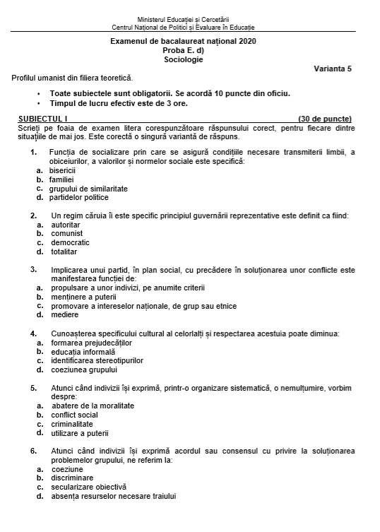 Subiecte BAC la Sociologie