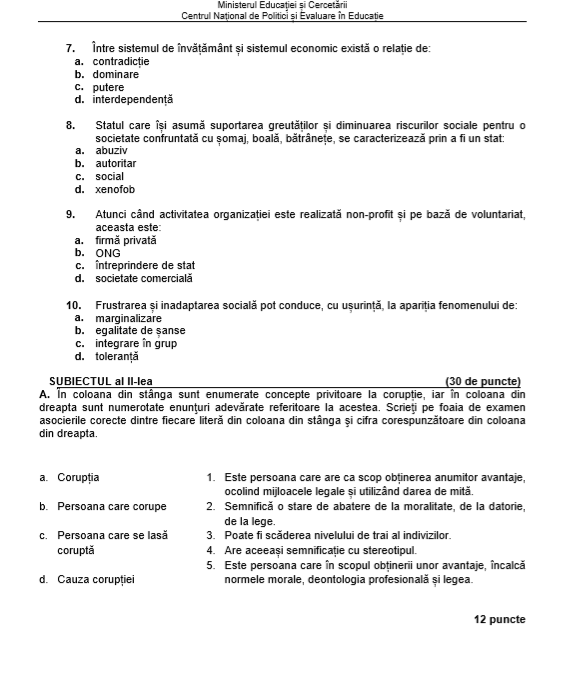 Subiecte BAC la Sociologie