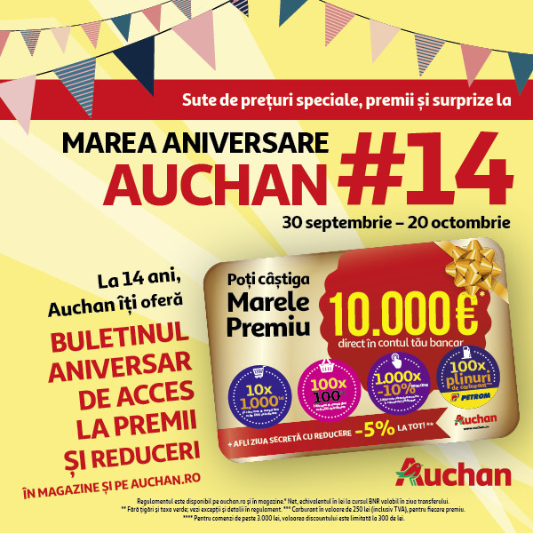 (P) Ce trebuie să faci ca să câștigi 10.000 de euro la Auchan. Retailerul sărbătorește 14 ani în România
