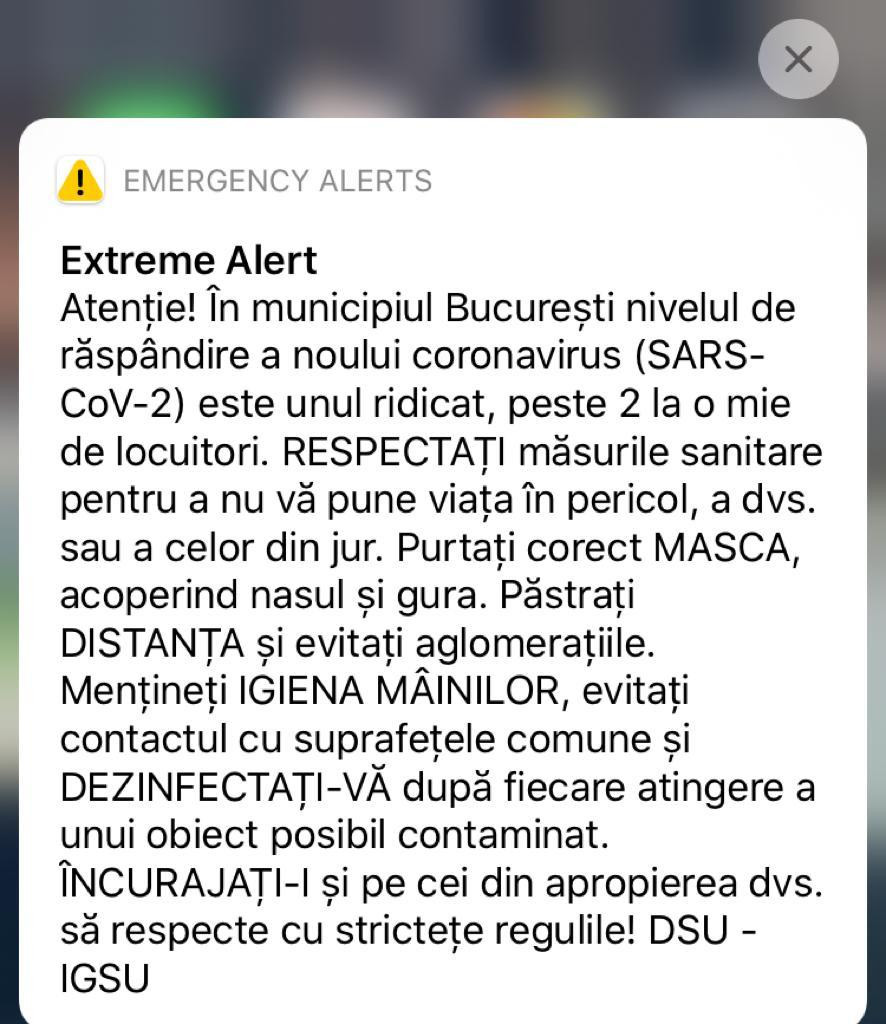 Avertizare RO-ALERT &icirc;n Capitală. Mesaj privind răsp&acirc;ndirea Covid-19