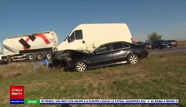 Accident spectaculos între București și Târgoviște. O dubă a ajuns peste o mașină în urma impactului