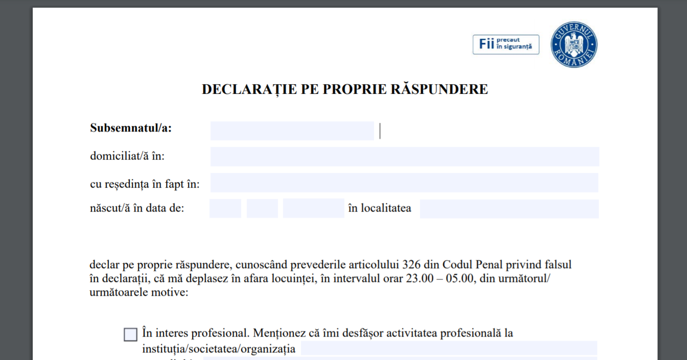 De când nu vom mai putea ieşi după 10 seara fără declaraţie pe proprie răspundere
