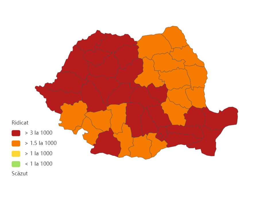 Județele cu cele mai multe cazuri noi de COVID-19. Ilfovul a ajuns la o rată de 7,89 la mie