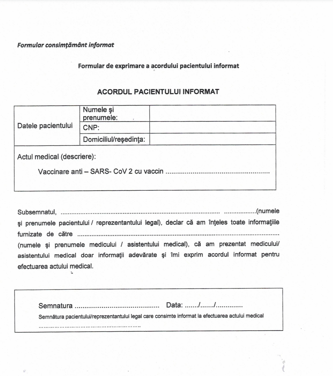 Formular de exprimare a acordului pacientului informat