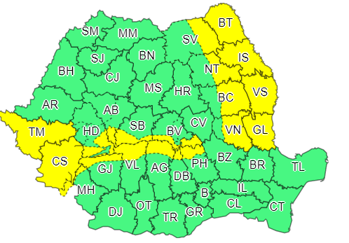 Vreme severă în Banat, Carpații Meridionali și Moldova. Cod galben de vânt, ploi și polei