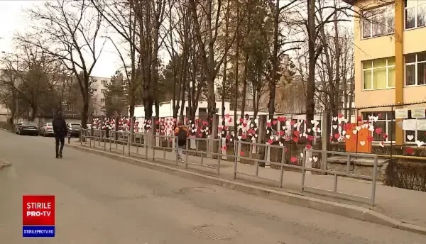 Mai mulți elevi din Cluj au împânzit gardurile școlii cu zeci de mărțișoare în formă de inimă