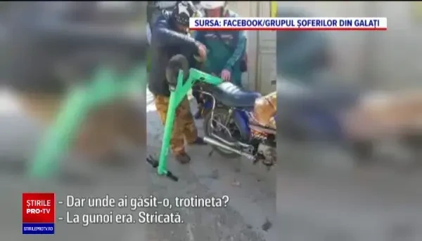 Bărbați din Galați surprinși cu o trotinetă electrică de închiriat furată: „Am găsit-o la gunoi”