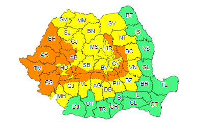 Cod galben şi portocaliu de ploi până vineri dimineaţă. Cele 27 de județe vizate
