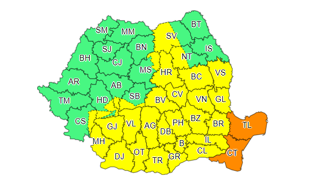 Avertizare ANM: Cod portocaliu de ploi abundente în Dobrogea. Cod galben în alte 29 de judeţe şi în Capitală