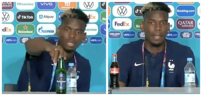 Paul Pogba, deranjat de o sticlă de bere în timpul unei conferințe de presă. VIDEO
