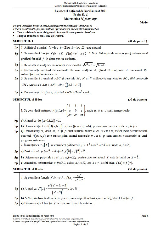 Bacalaureat 2021. Modele de subiecte și bareme pentru Matematică