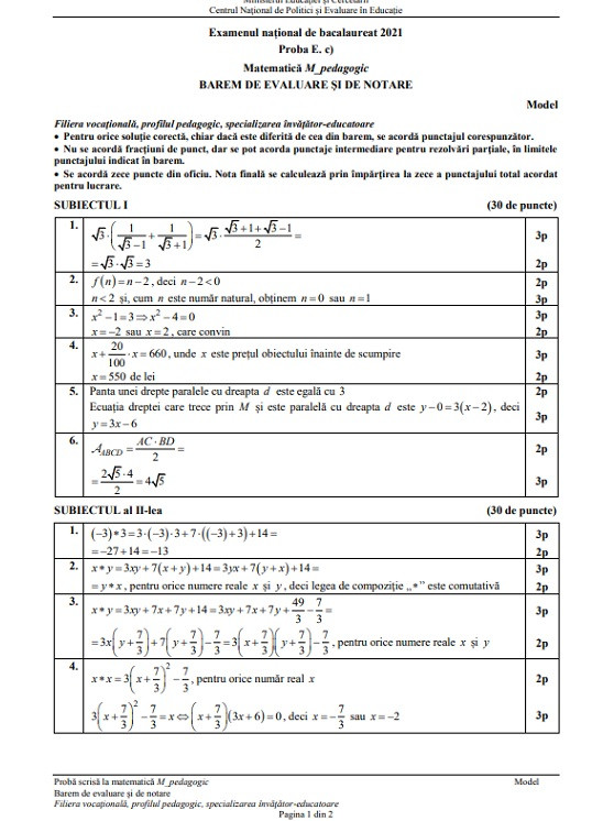 barem model Subiecte matematică &ndash; pedagogic