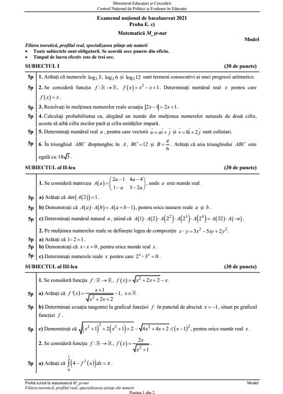 model subiect matematică &ndash; științe ale naturii