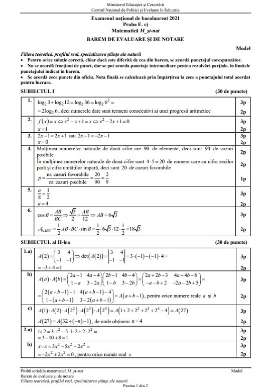 model barem matematică &ndash; științe ale naturii