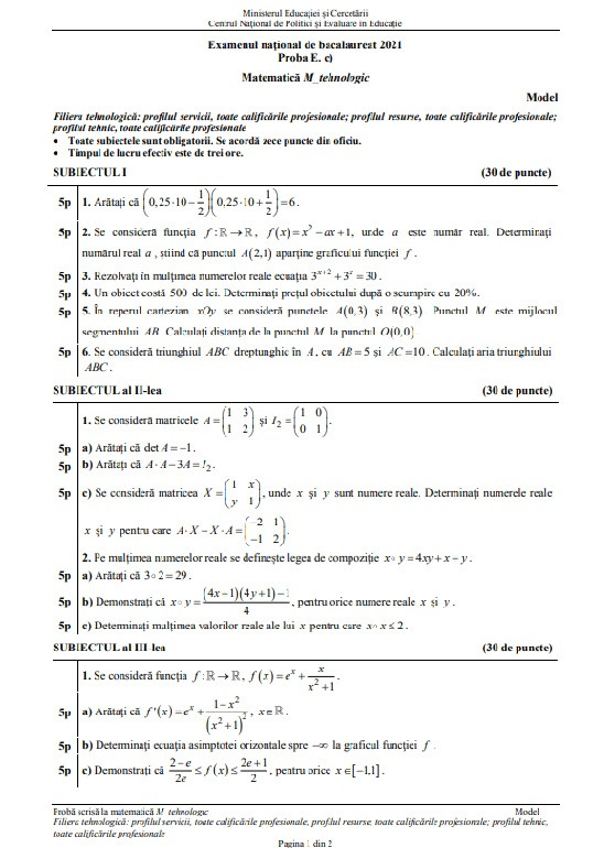 model subiect matematică &ndash; tehnologic