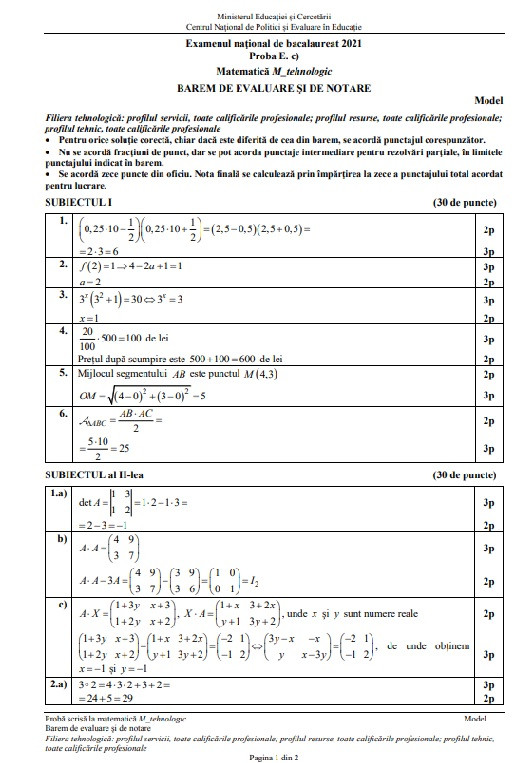 model barem matematică &ndash; tehnologic