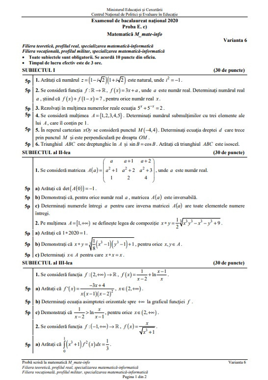 Subiecte Matematică Bacalaureat 2020 mate info