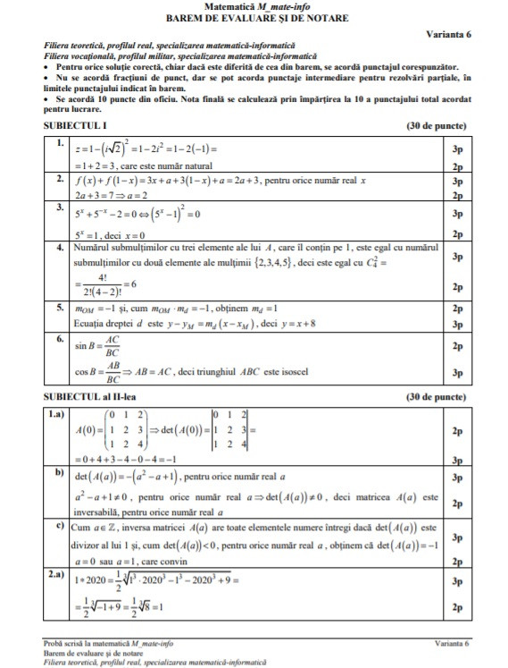 Subiecte Matematică Bacalaureat 2020 mate info barem