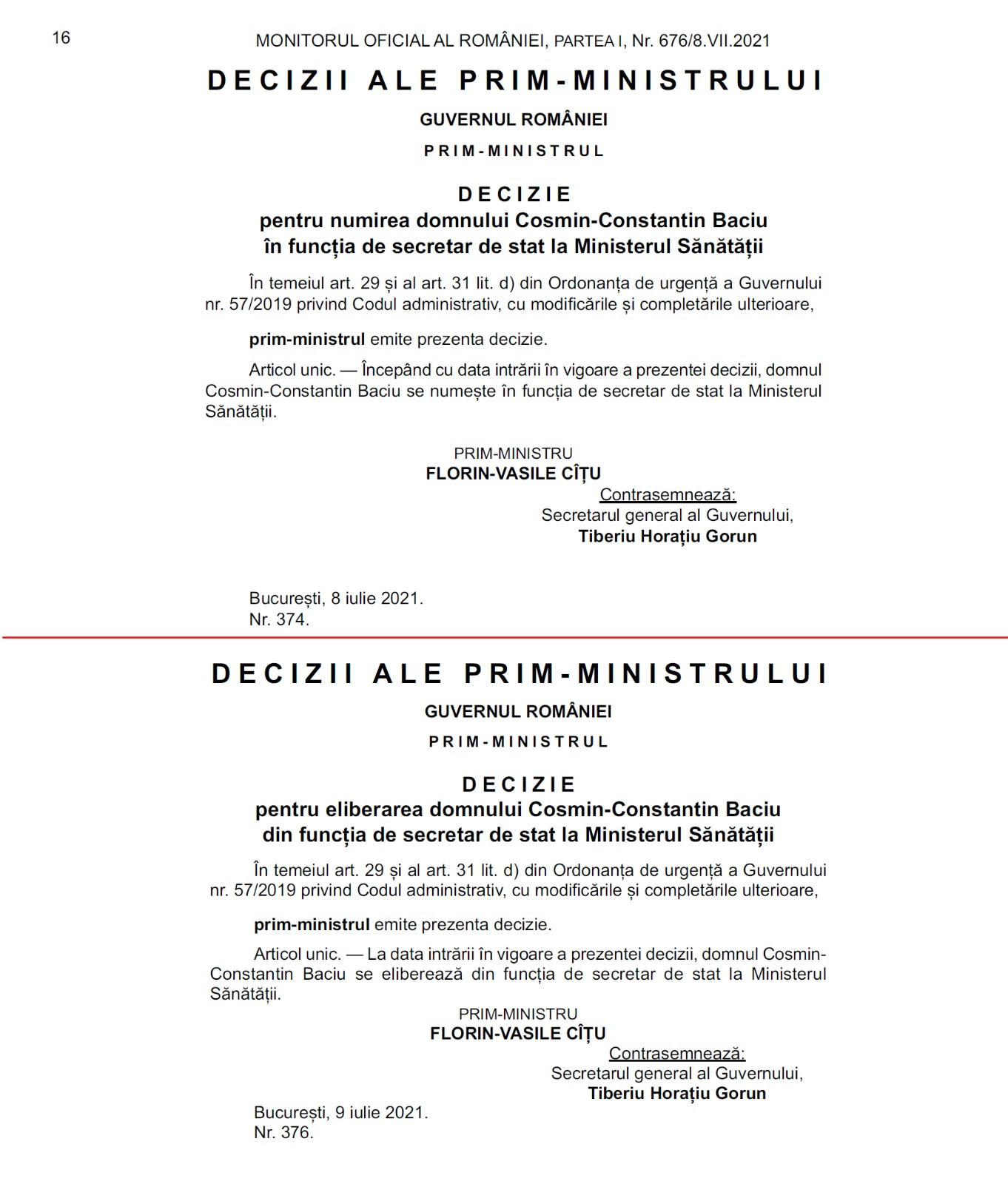 Secretar de stat la Ministerul Sănătăţii, eliberat din funcţie la o zi după ce a fost numit