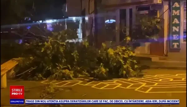 Imagini de coșmar în București după furtună: O antenă GSM a căzut peste o casă, copaci rupți, o schelă desprinsă de bloc