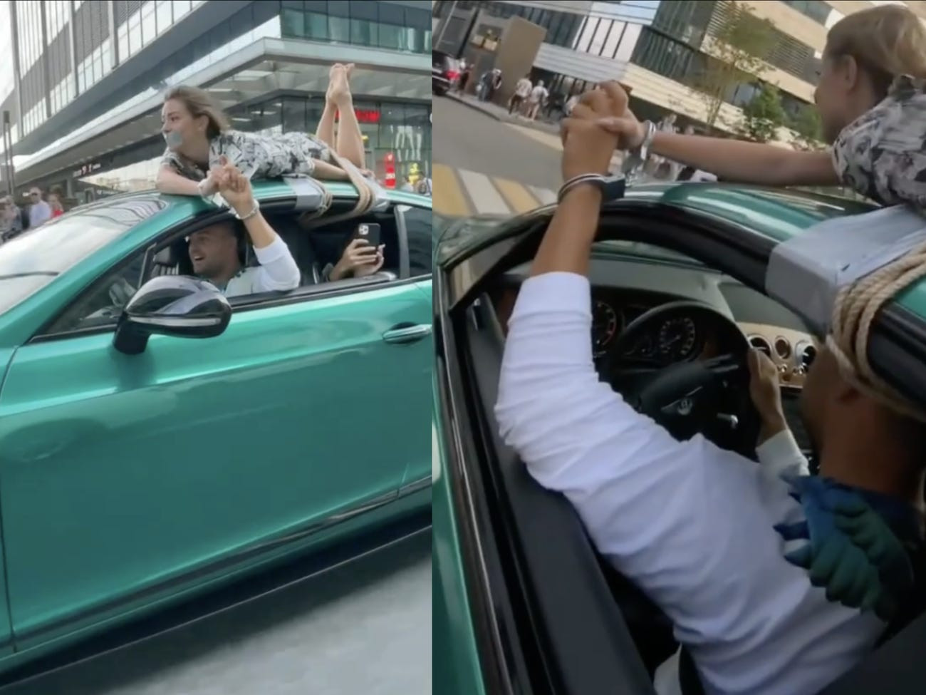 VIDEO. Un bărbat din Rusia a condus un Bentley prin oraș cu iubita sa legată pe plafon
