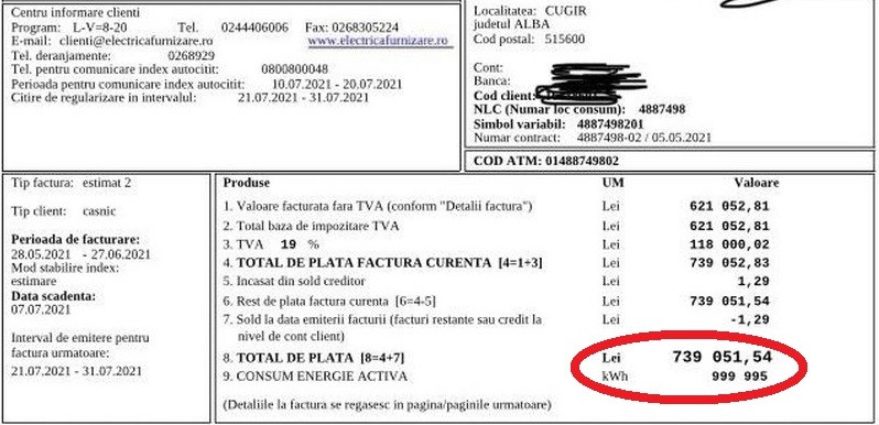 Cugir: Factură de 739.051 de lei la electricitate, emisă pentru un apartament în care nu locuiește nimeni de peste 20 de ani