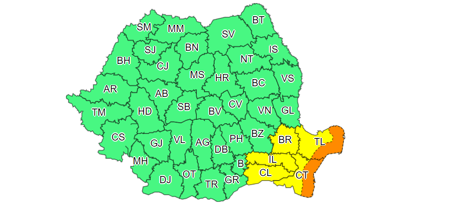 Cod galben şi portocaliu de ploi şi intensificări ale vântului, în sud-estul ţării, până miercuri dimineață