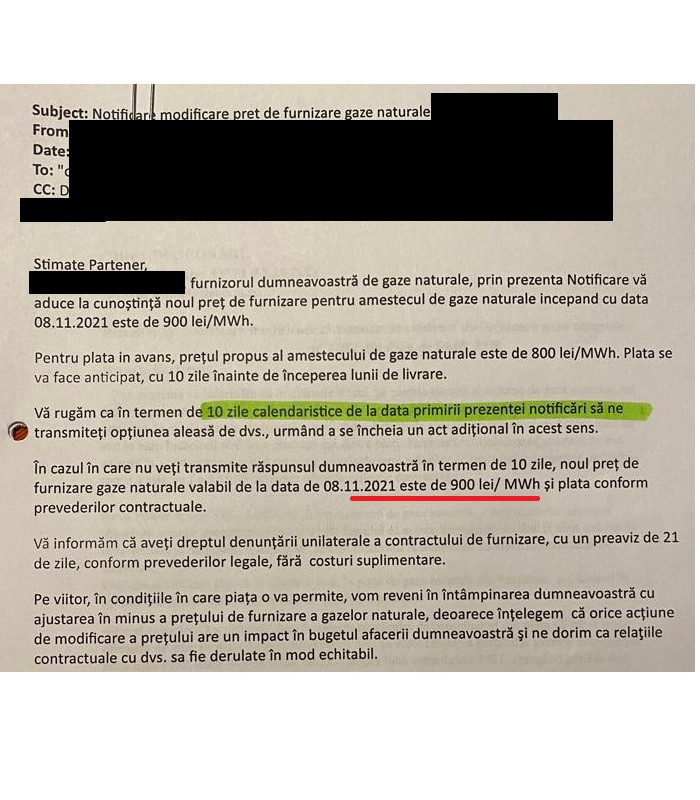 notificare pret gaze