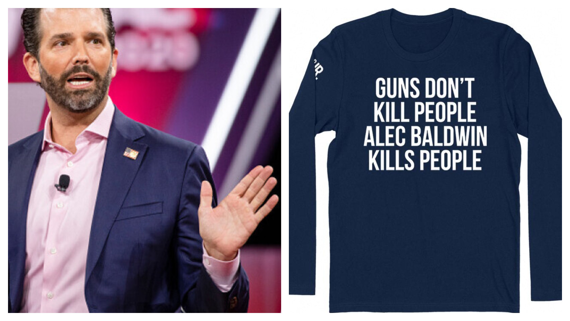 Donald Trump Jr. vinde online tricouri cu mesajul: „Armele nu ucid oameni, Alec Baldwin ucide oameni”