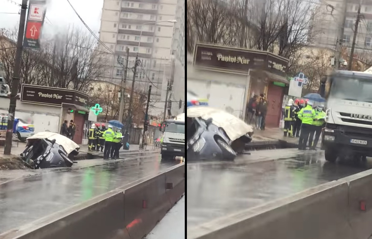 O mașină a Jandarmeriei a căzut într-un șanț pe Șoseaua Fundeni. Brigada Rutieră, sancțiune pentru nesemnalizarea gropii