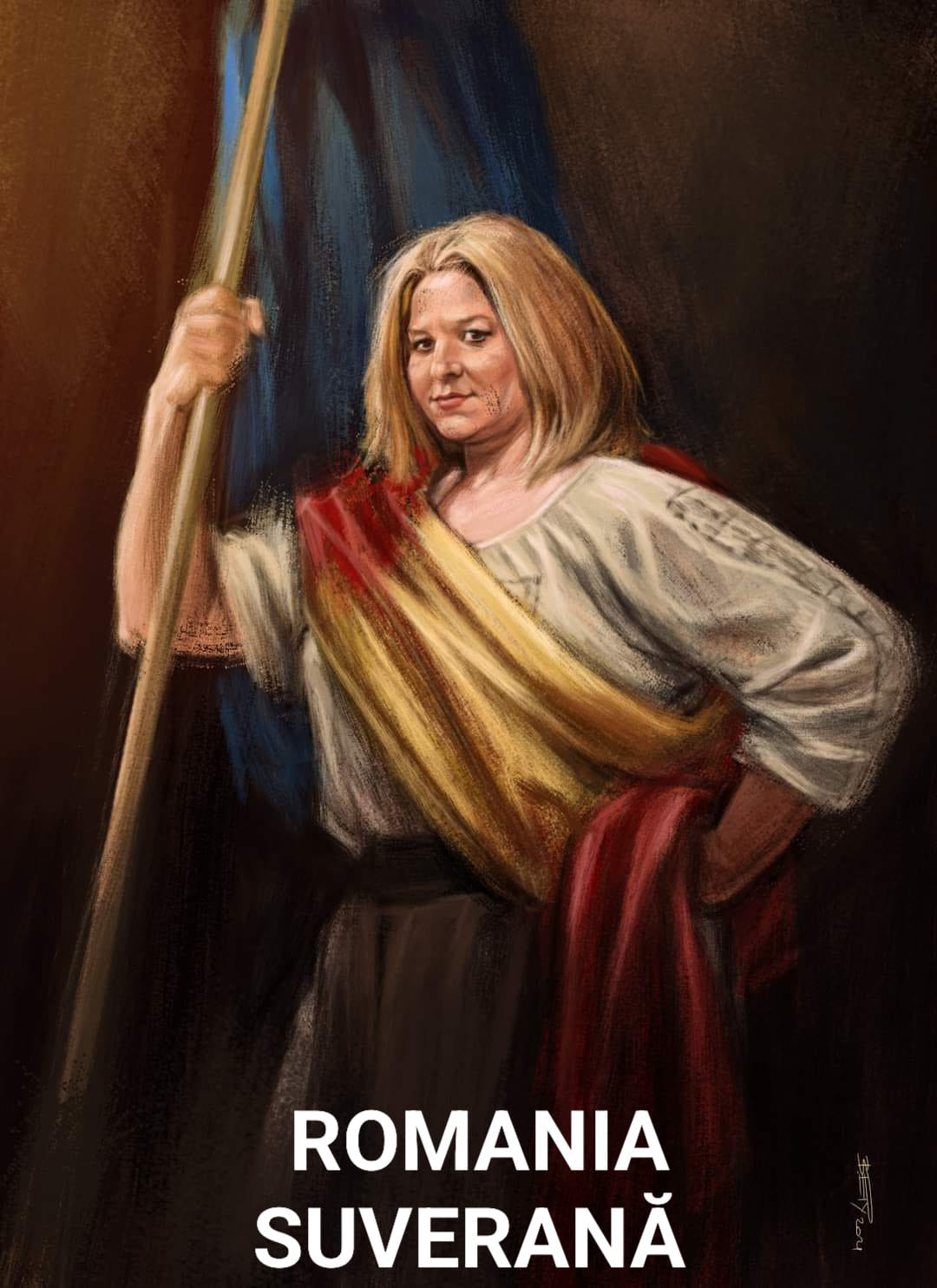 Şoşoacă se prezintă într-o caricatură drept „războinică” pentru „România suverană”