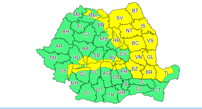 Coduri galbene de ninsori semnificative și polei au fost emise pentru mai multe județe din România