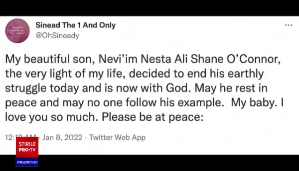 Fiul lui Sinead O'Connor, în vârstă de 17 ani, s-a sinucis. Mesajul sfâșietor al artistei