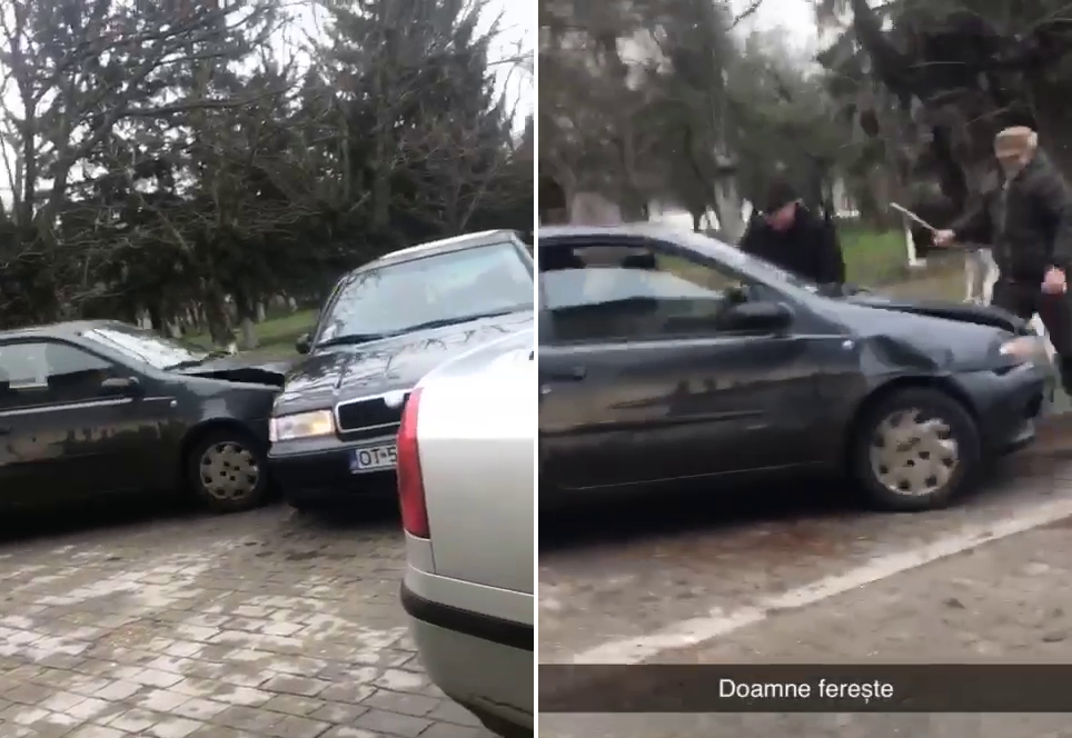 Un bătrân a sărit cu bâta la un tânăr care a intrat intenționat cu mașina în el, în curtea unui liceu din Caracal