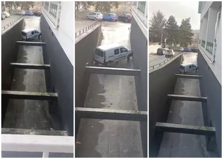VIDEO. Un șofer a rămas înțepenit când ieșea din parcarea subterană. Imaginile filmate de un martor