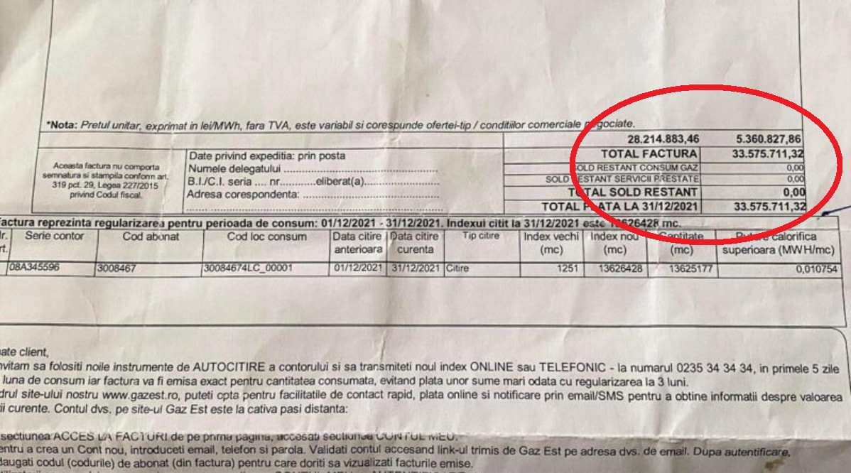 O pensionară din Vaslui a primit o factură la gaze de peste 33 milioane de lei. Ce a pățit după reclamație