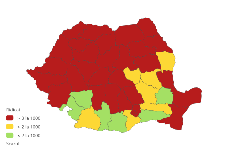 Aproape toată țara este roșie. Județele cu cele mai multe cazuri noi de Covid-19
