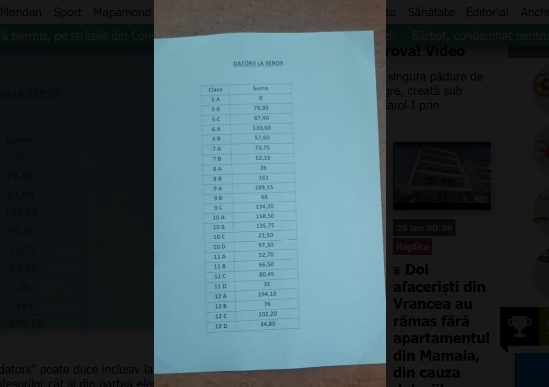 Un liceu din Mangalia cere elevilor bani de xerox. Conducerea are o listă cu datoriile claselor