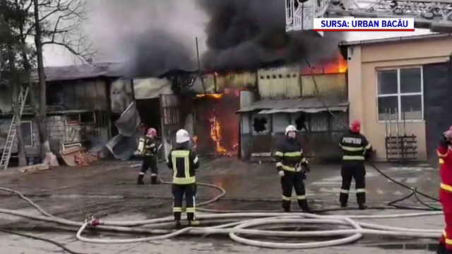 Hală plină de vopseluri și lemn din Bacău, distrusă de un incendiu