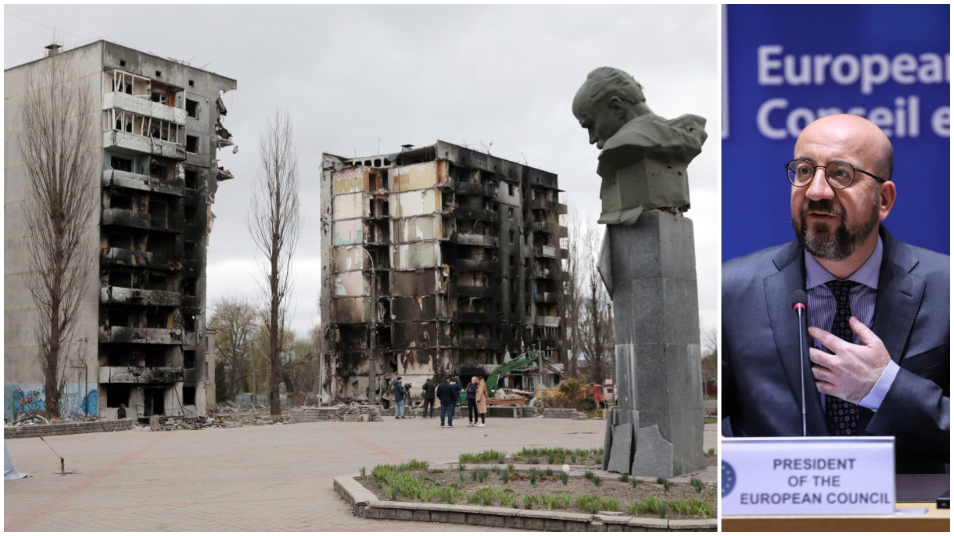 Șeful Consiliului European, uluit de ceea ce a văzut în Borodianka, oraș devastat de forțele Kremlinului