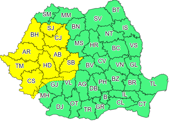 ANM: Cod galben de vreme instabilă în zone din 12 judeţe, pe parcursul zilei de marţi