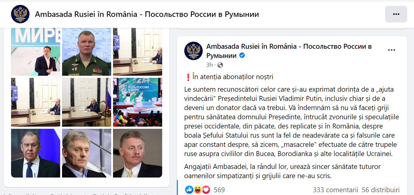Ambasada Rusiei &icirc;n Rom&acirc;nia: Zvonurile despre boala lui Putin, la fel de neadevărate ca falsurile despre masacrele de la Bucea