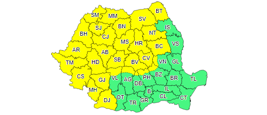 ANM: Cod galben de instabilitate atmosferică accentuată în cea mai mare parte a ţării până duminică dimineaţă