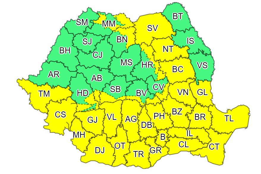 Cod galben de furtuni &icirc;n 33 de judeţe şi &icirc;n București, p&acirc;nă luni dimineaţa